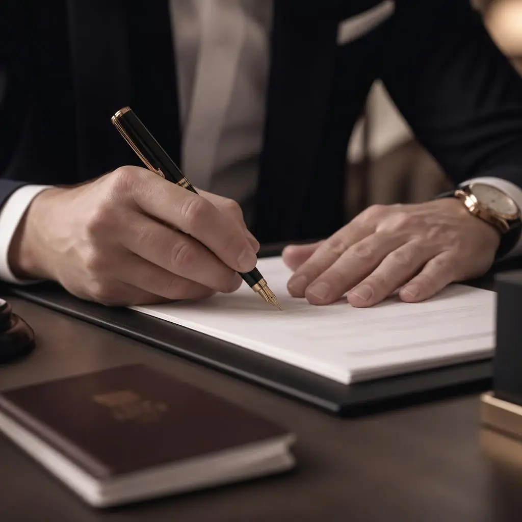 Signing education loan documents with a passport on the desk